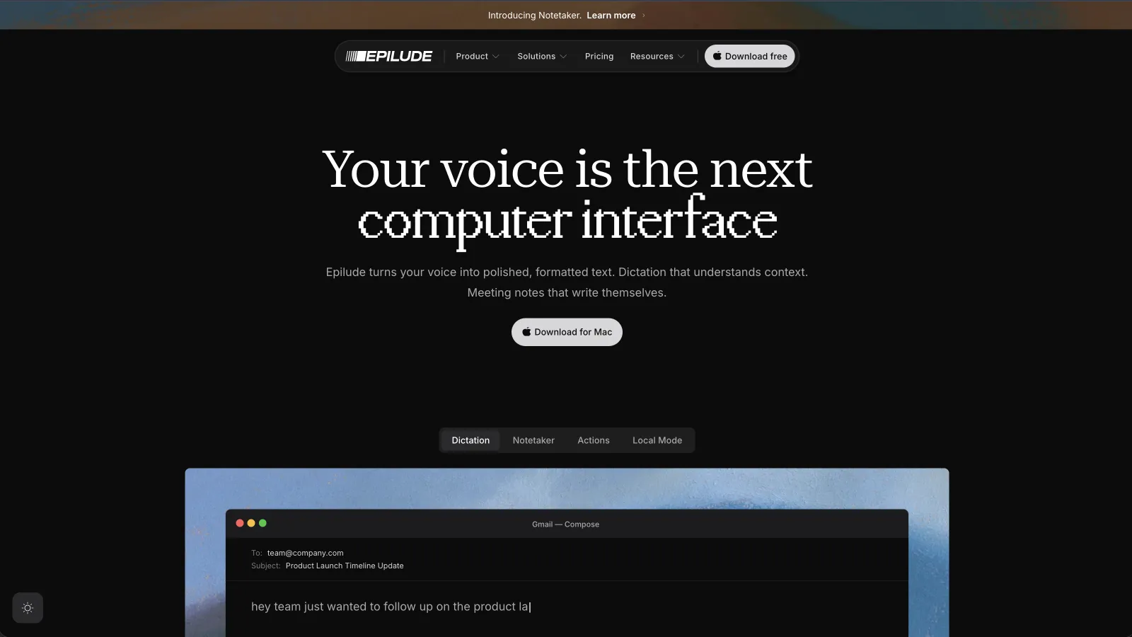 Epilude homepage showing system-wide dictation and Local Mode