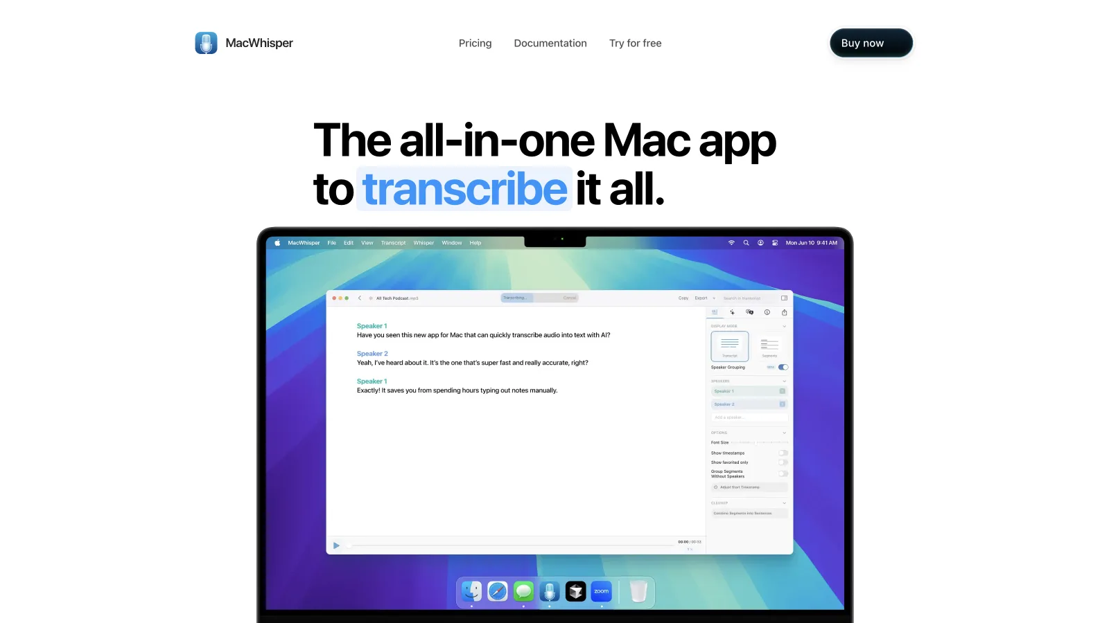 MacWhisper homepage showing local file transcription