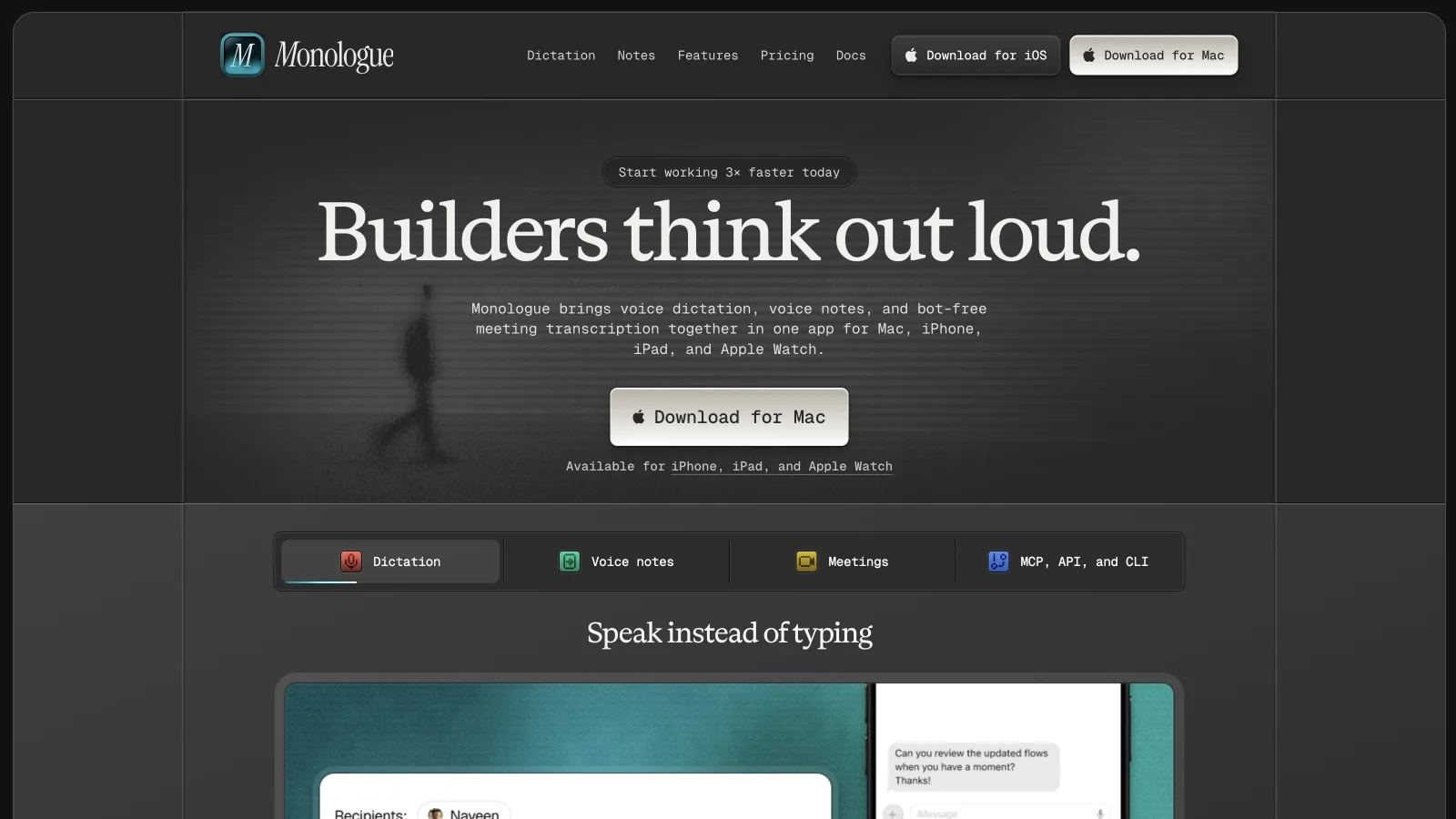 Monologue homepage for dictation, voice notes, and meeting transcription