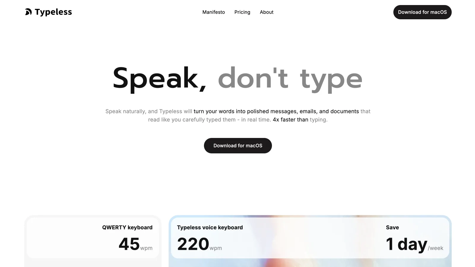 Typeless homepage for its cross-platform voice dictation app