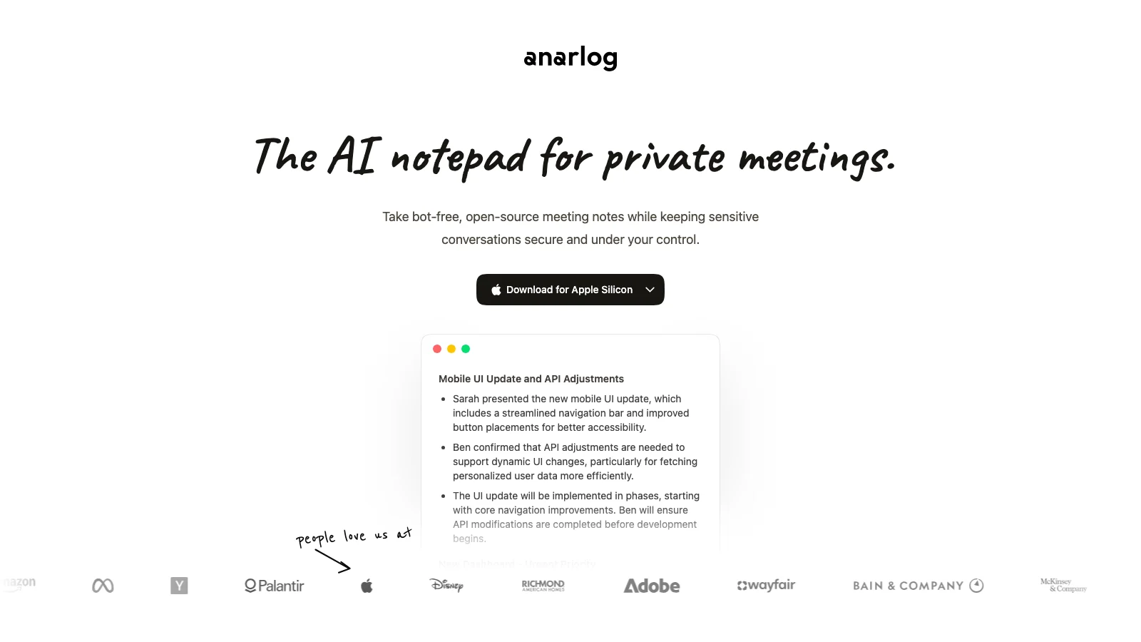 Anarlog homepage showing its local-first AI meeting notepad
