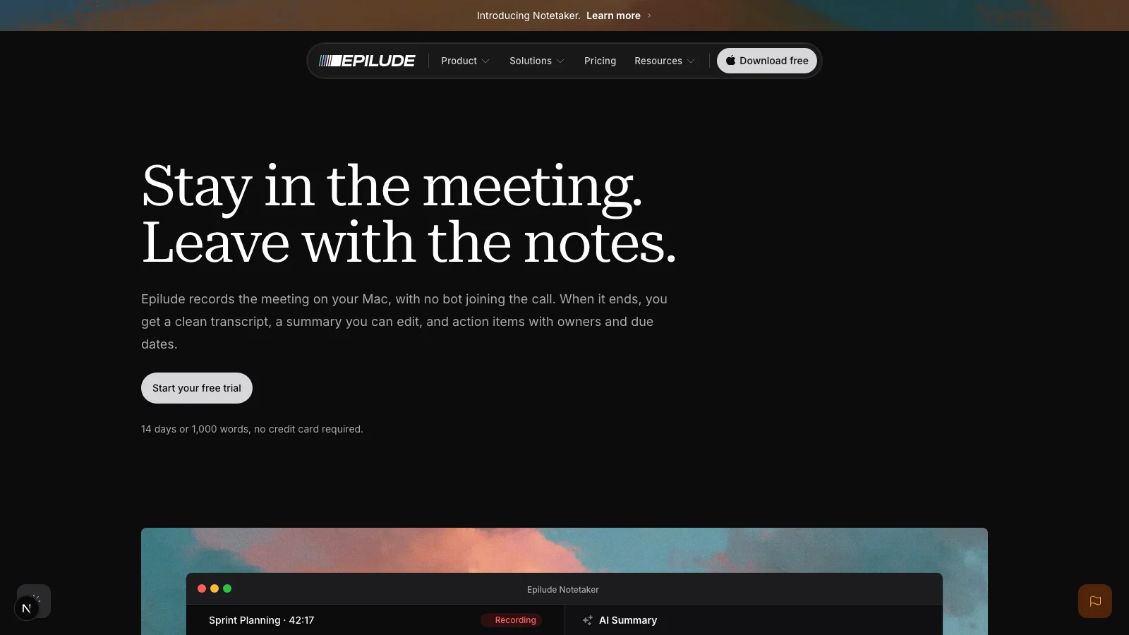 Epilude Notetaker recording a Mac meeting without a bot