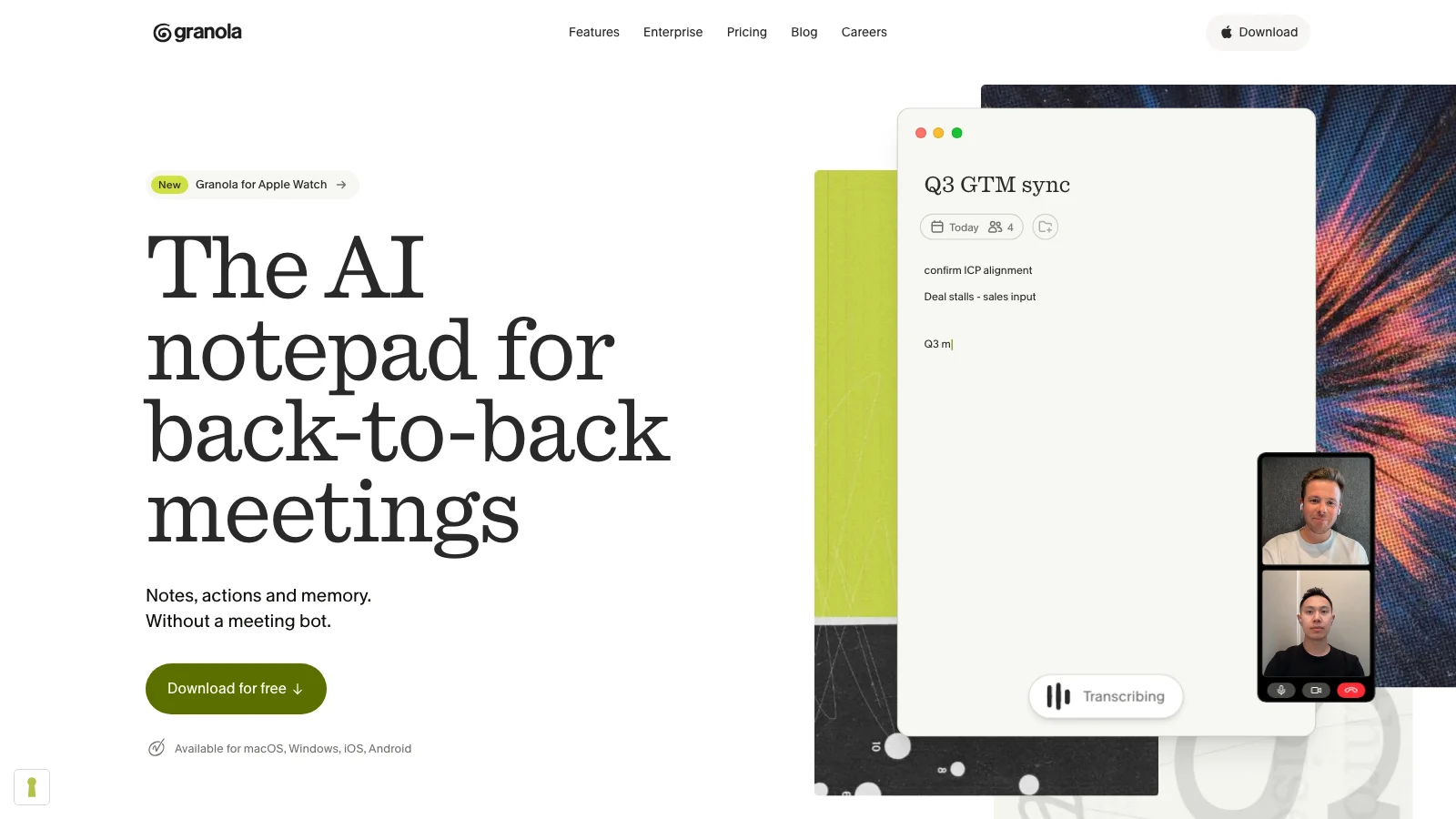 Granola homepage showing its AI notepad for meetings