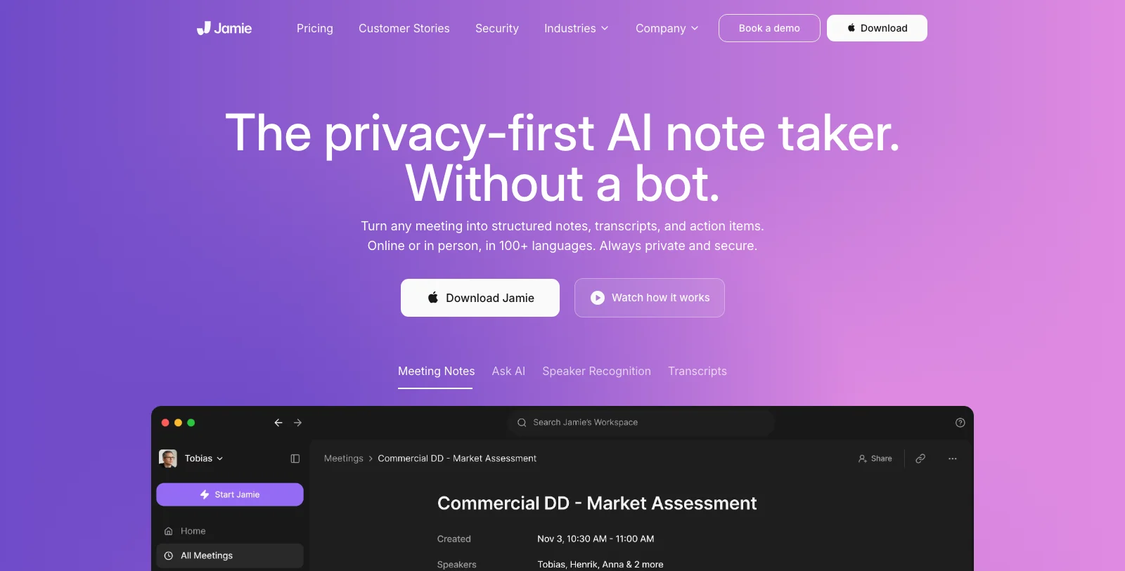 Jamie homepage for its bot-free AI meeting note taker
