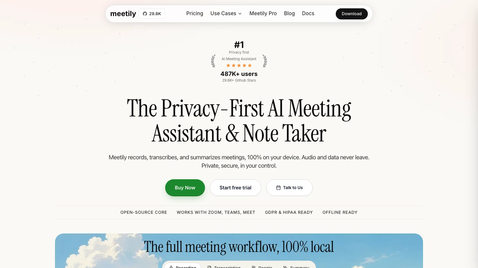 Meetily homepage for its privacy-first local meeting assistant
