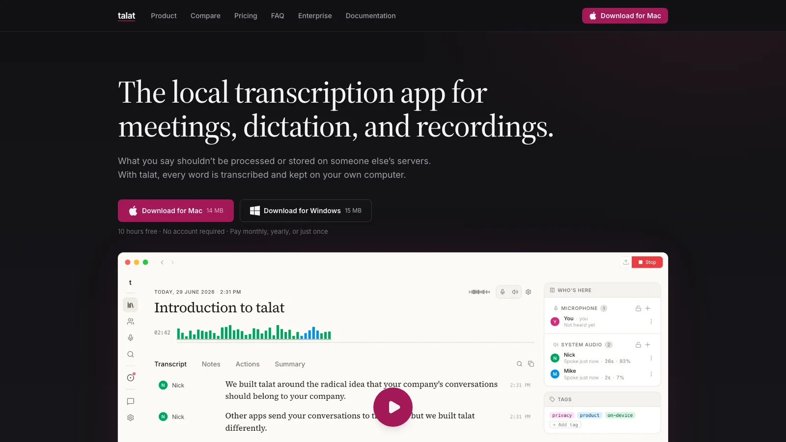 talat homepage showing its local meeting transcript and speaker controls