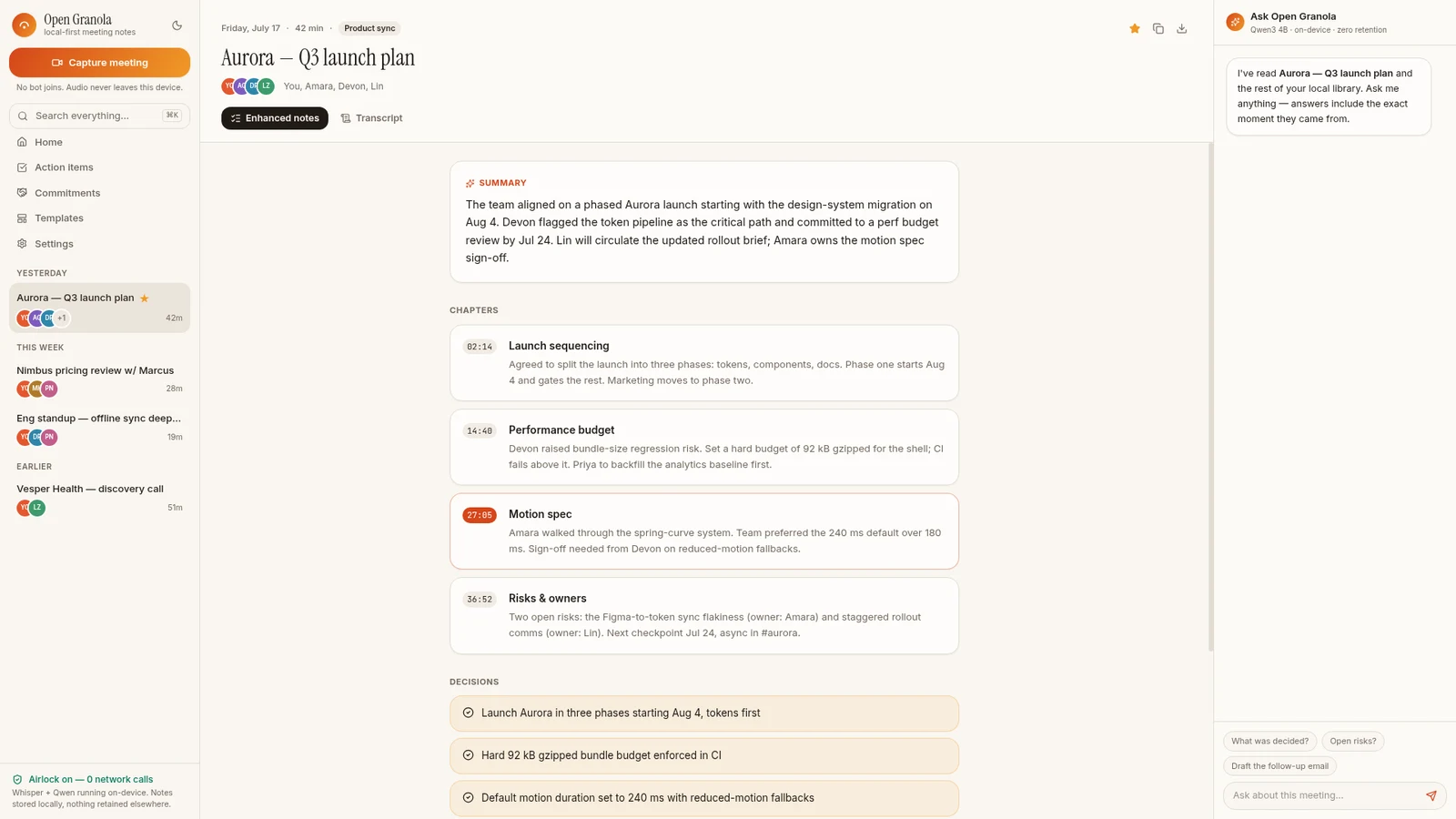 Open Granola showing locally generated meeting notes and search